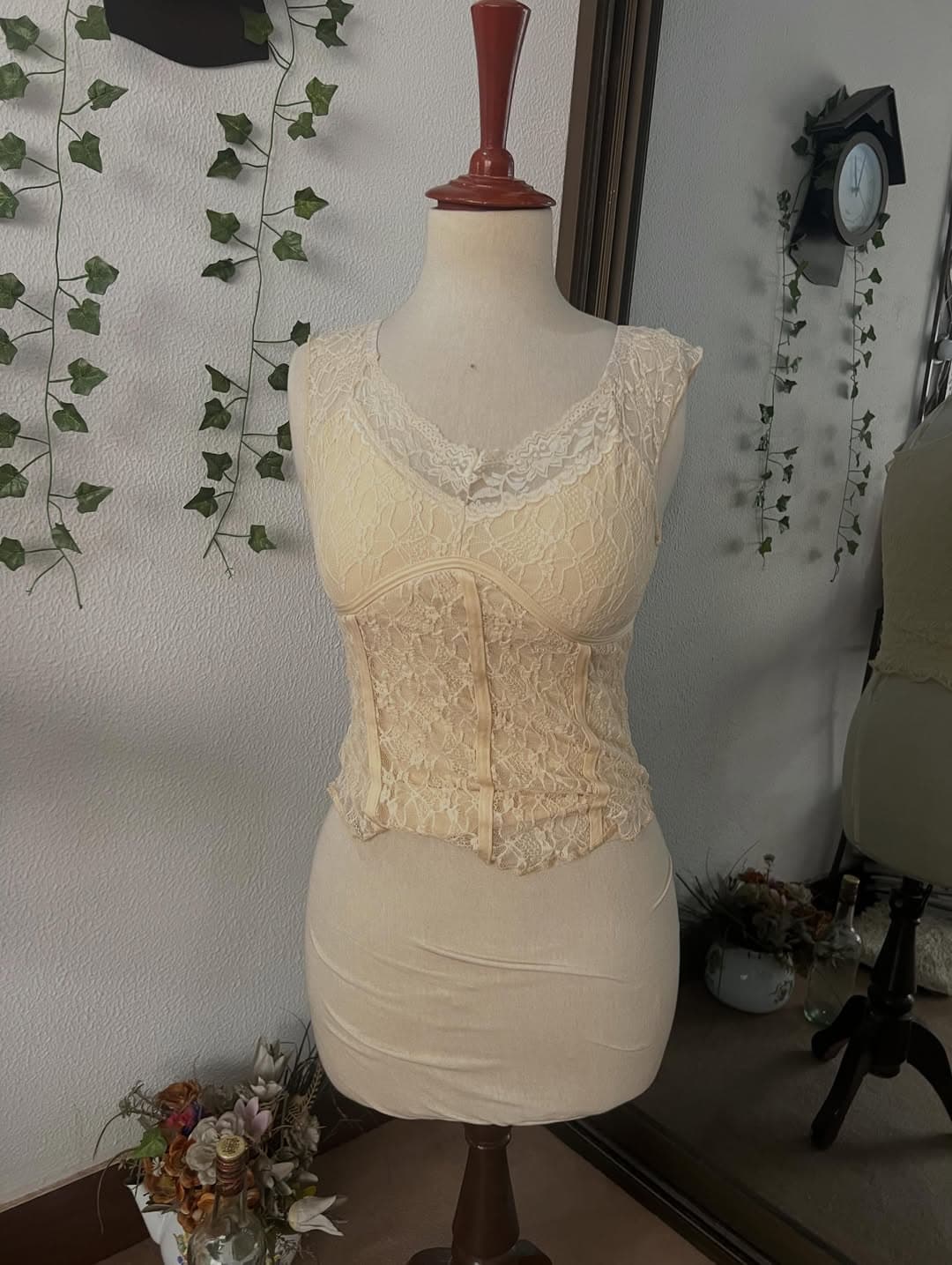 Cream Floral Lace Ribbed Rib Top with Sheer Straps