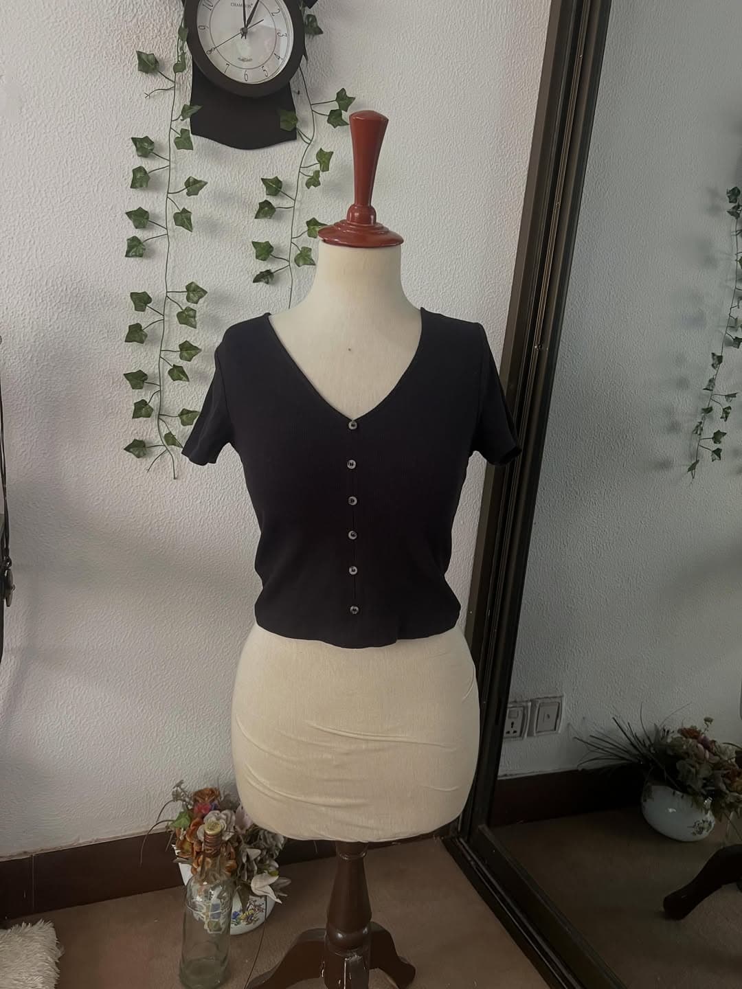 Midnight Black Ribbed Button-Up Crop Top